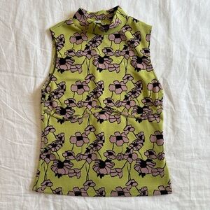 Zara Floral Jacquard Mock Neck Sleeveless Top Green/Pink Size S NWOT